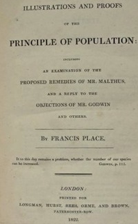 Title page of Illustrations and Proofs of the Principle of Population: Including an Examination of the Proposed Remedies of Mr. Malthus, and a Reply to the Objections of Mr. Godwin and Others.